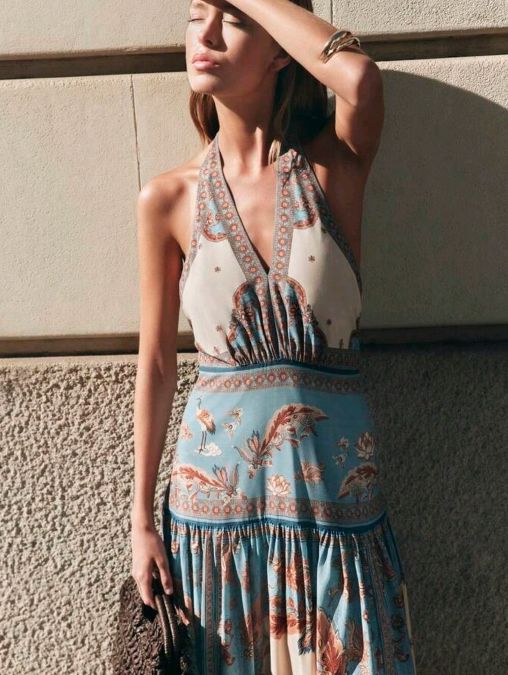 ummer Dresses For Women: A Light Blue And Beige Halter-Neck Maxi Dress - Picture 6 of 8